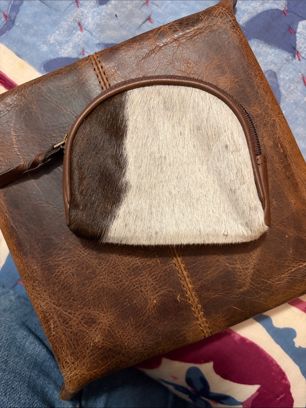 Real leather and Cowhide Coin Pouch Brown and White